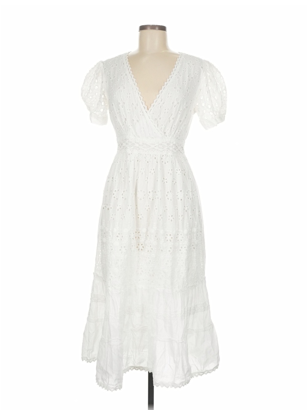 White Eyelet Wrap-Style Midi Dress with Puff Sleeves